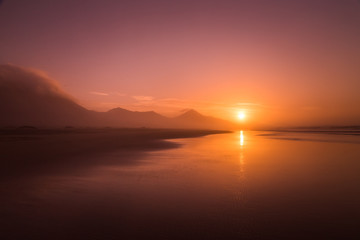 Silhouette of a lonely beach during sunset in Fuerteventura, Canary Islands.