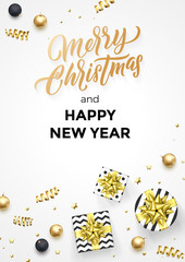 Happy New Year and Merry Christmas greeting card background template of golden modern quote calligraphy. Vector gift ribbon or gold glittering confetti stars