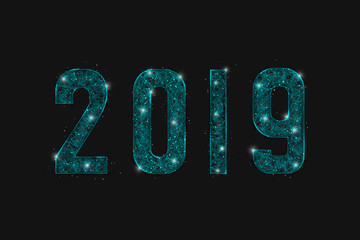 Abstract isolated blue image of  new year number 2019. Polygonal  low poly wireframe illustration looks like stars in the blask night sky in spase or flying glass shards. Digital web, internet design  © Katsiaryna