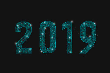 Abstract isolated blue image of  new year number 2019. Polygonal  low poly wireframe illustration looks like stars in the blask night sky in spase or flying glass shards. Digital web, internet design  © Katsiaryna