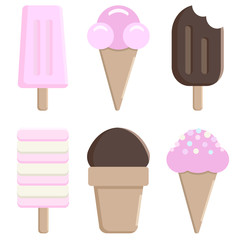 Vector flat icons with ice cream. Ice cream in a spoon cup and on a stick.