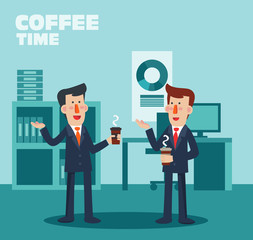 Two business persons drinking coffee and talking in office. Coffee time, break and relaxation vector concept