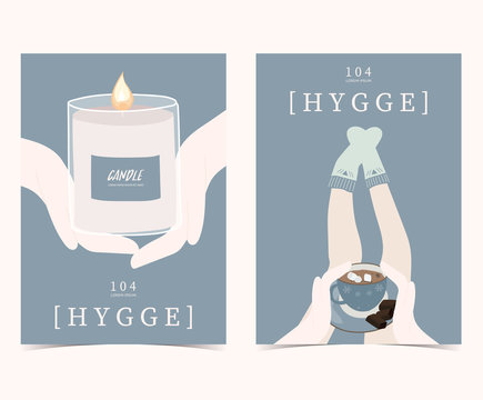 Blue set of hygge cards and posters with candle,hand,sock,leg and coffee