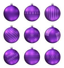 Violet christmas balls isolated on white background. Photorealistic high quality vector set of christmas baubles. Different pattern.