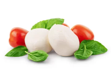 Foto op Plexiglas Mozzarella cheese with cherry tomatoes and basil on a white background © vadarshop