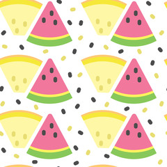 Bright seamless pattern with sweet fruits. Vector fruits melon and watermelon.