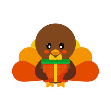 cartoon cute turkey vector with gift