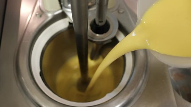 Ice cream preparation with different tools, ingredients, and machines