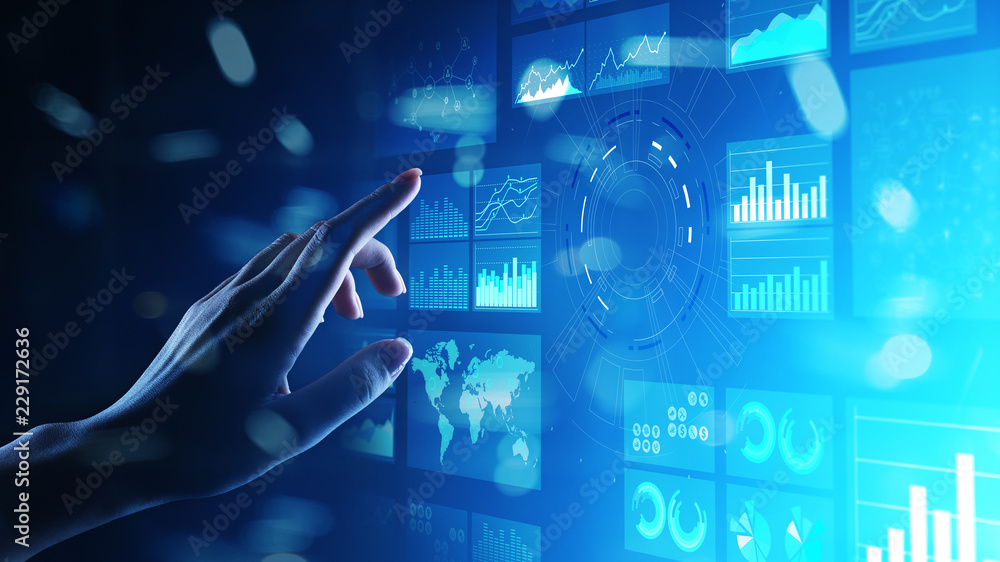 Poster virtual screen business intelligence dashboard, analytics and big data technology concept.