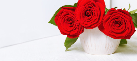 Red roses flowers in white ceramic vase. Bouquet of blooming flowers. Flowery background with copy...