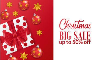 Fototapeta na wymiar Christmas sale banner template with illustration of gift box and ball decorative