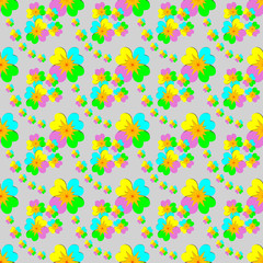 Seamless floral pattern of colorful flower petals, brown and red pollen on gray background. Flat design vector, EPS10. Use as background, wallpaper, gift wrap paper, tile and fabric prints.