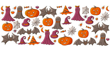 Happy Halloween design. Set of elements (pumpkin, bat, ghost, hat) for Halloween Party Night.