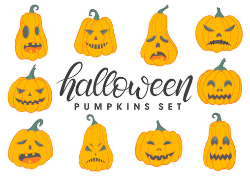 Set of halloween pumpkins with different emotions..Perfect for prints, flyers, banners, invitations, greeting scrapbooking,stikers,congratulations and more.Vector Halloween illustration.