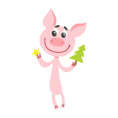 Cute cartoon pig with christmas tree isolated on white