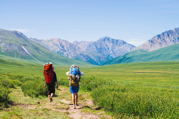 Travelers with large backpacks go on footpath in green valley to wonderful giant mountains with...