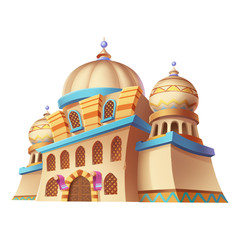 Desert Emirates Palaces, Arabian Architecture. Game Assets, Card Object, Buildings isolated on Black Background. Video Game's Digital CG Artwork, Concept Illustration, Realistic Cartoon Style Design
