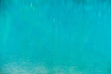 Shiny texture of azure surface of mountain lake. Background with reflection of green mountains with tops of trees in clear water in sunny day. Copy space.