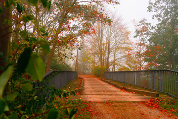 Fototapeta na wymiar Abendrot im Herbst über alter Holzbrücke