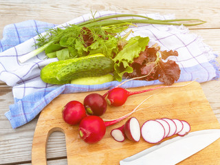 Cooking summer vegetable salad. Cutting radish close-up