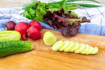 Cooking summer vegetable salad. Cutting cucumbers close-up