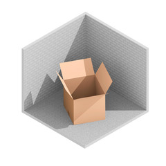 3d isometric rendering illustration of brown opened box next to brick wall