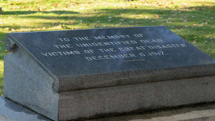 Halifax Explosion memorial, cemetery, autumn leaves in background