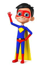 Cartoon character for advertising. Boy in blue superhero costume with raised hand up on white background. 3d render illustration.