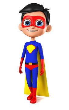 Boy superhero on a white background. 3d render illustration. Cartoon character for advertising.