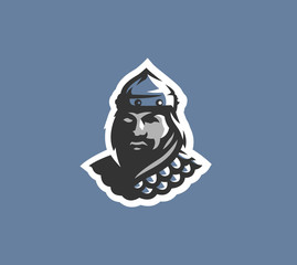 Warrior in helmet logo - emblem design, mascot for sports team, vector illustration