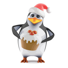 Vector 3d Santa penguin has a tasty Xmas cake
