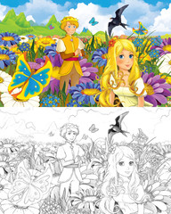 cartoon romantic scene with beautiful tiny elf girl on the meadow with elf prince - with coloring page - creative illustration for children