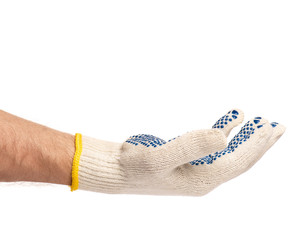 Worker showing outstretched palm gesture - offering or begging concept. Male hand wearing working cotton glove with blue rubber dots, isolated on white background.