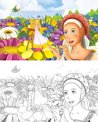 Obraz na płótnie Canvas cartoon scene with beautiful tiny elf girl on the meadow holding hands with elf prince other woman is watching astonished - with coloring page - creative illustration for children