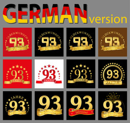 Set of number ninety-three (93 years) celebration design. Anniversary golden number template elements for your birthday party. Translated from the German - congratulation, years, anniversary.
