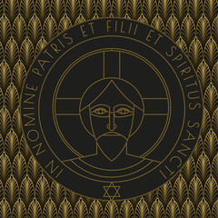 Icon with the face of Jesus in the art deco style. Vector illustration.