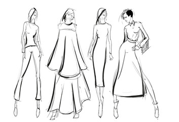 Sketch. Fashion Girls on a white background. Vector illustration
