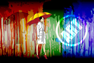 Beautiful fashion girl, on a background with a flowing paint. Fashion girl under a yellow umbrella.