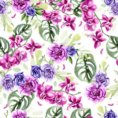 Watercolor pattern with flowers of orchids and anemones, tropical leaves. 