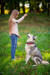 Girl is training husky dog in the park