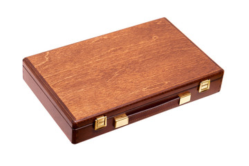 wooden brown box with a handle and gold locks isolated on white