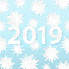 Origami snowflakes. 2019 New Year. Winter holidays card. Paper cut snow. Grunge background. Happy New Year poster. Christmas. Cutout. 3d paper cut effect.