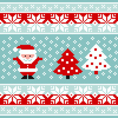 Vector pattern for knitting with Santa Claus, Christmas trees and colorful borders