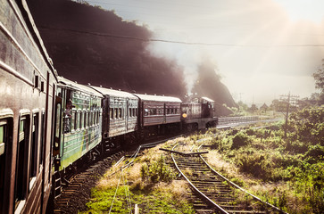 Fototapeta na wymiar Train goes through tea plantation in Nuwara Eliya district, Sri Lanka.