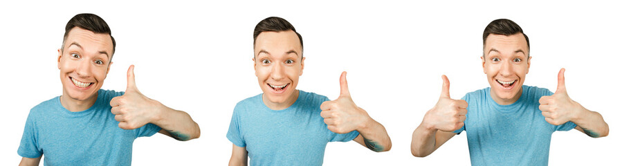 Set of portraits of young guy showing thumb up isolated on a white background.