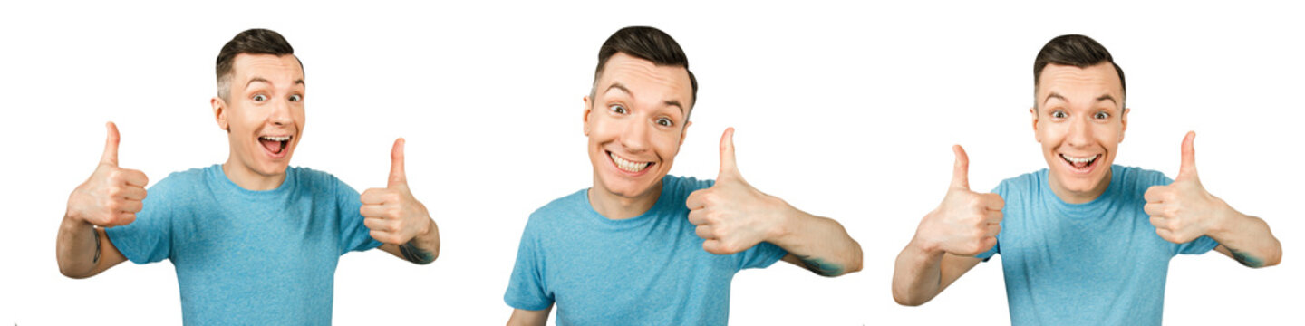 Set of portraits of young guy showing thumb up isolated on a white background.