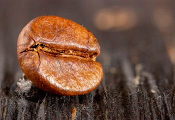 Coffee seeds on grunge wooden background close up
