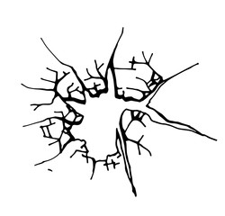 Broken glass, cracks, bullet marks on glass.