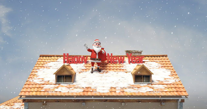 Santa Clause Waving His Hand On The Roof With Happy New Year Message - Carrying Gifts In A Snowing Day
