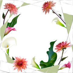 Fototapeta premium Floral background. Callas. Dahlia. Flowers. Pink. Petals. Frame. Green leaves. Flower pattern. White.